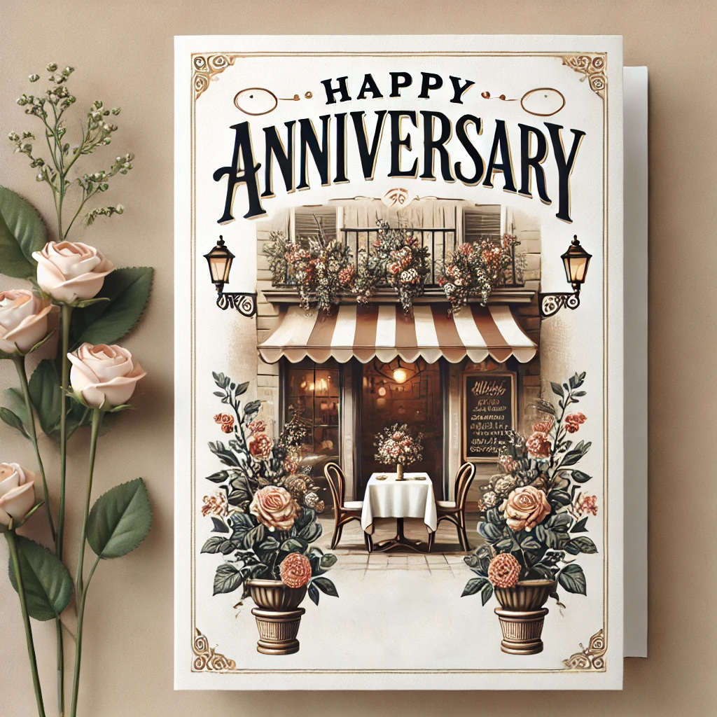 greeting card with roses and the words happy anniversary above a italian restaurant building