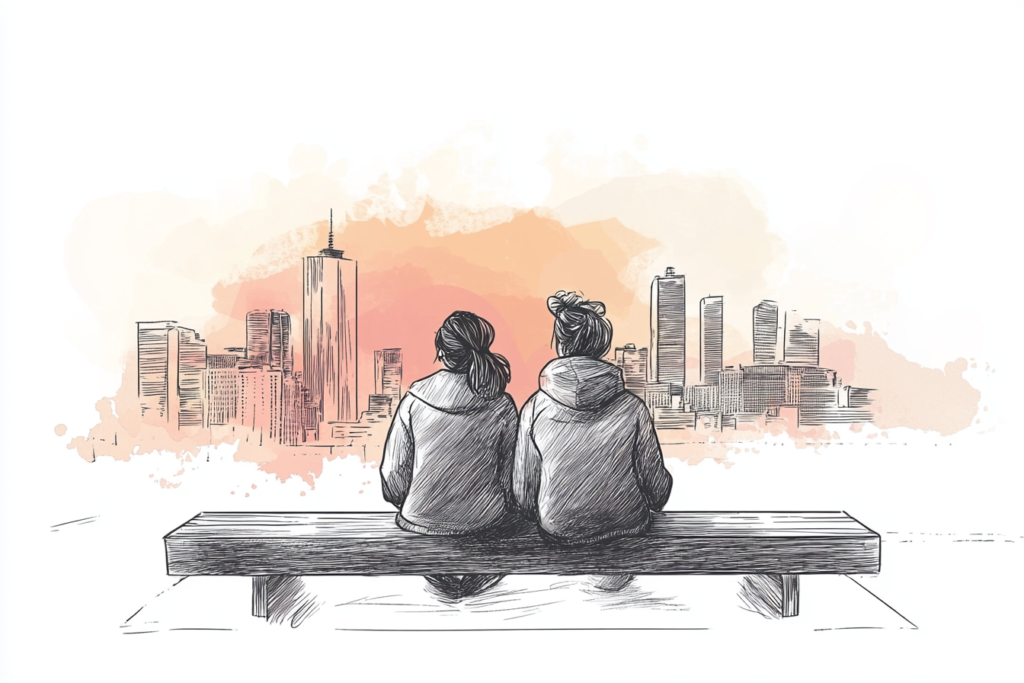2 women sitting on a beck looking at cityscape